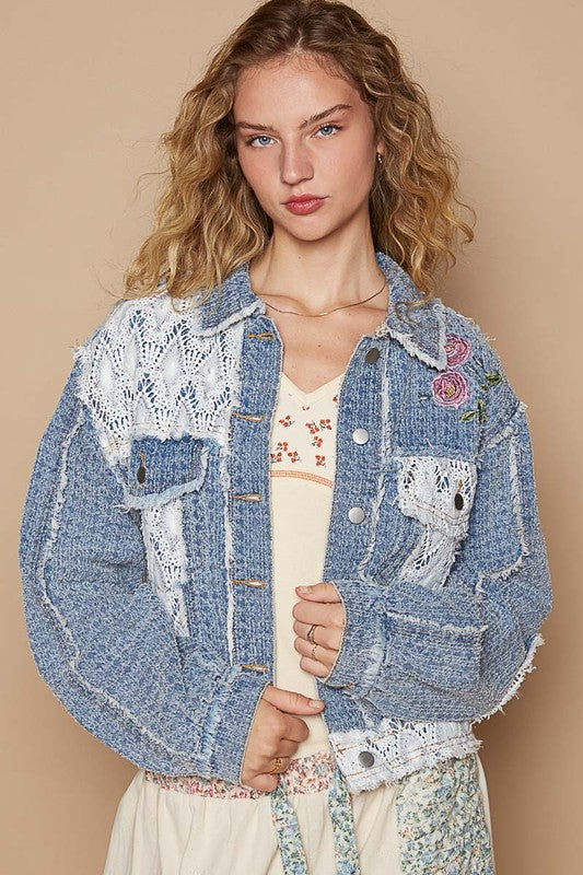 POL Dusty Blue Crochet Patch Embroidered Button Up Jacket Dusty Blue Coats & Jackets