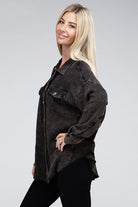 Zenana Ash Black Acid Wash Oversized Cotton Waffle Shacket Shirts & Tops