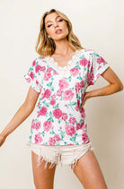 BiBi Fuchsia Rose Printed Poly Span with Crochet Lace Top
