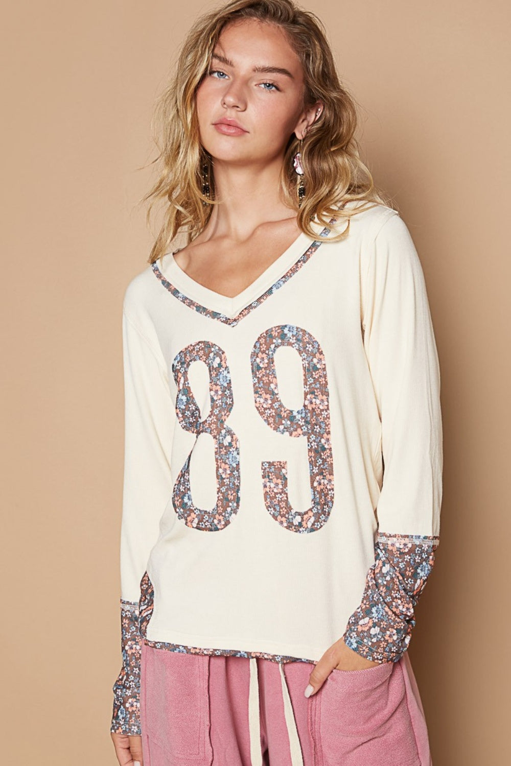 POL Butter Milk V-Neck Long Sleeve Floral Number Patch T-Shirt Trendsi