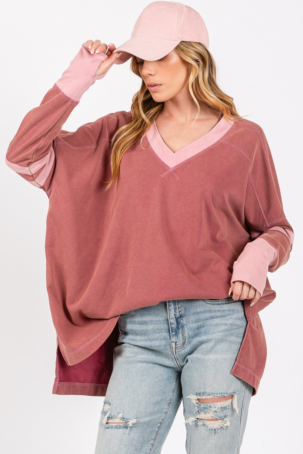 SAGE + FIG Mineral Wash Side Slit Contrast T-Shirt Trendsi