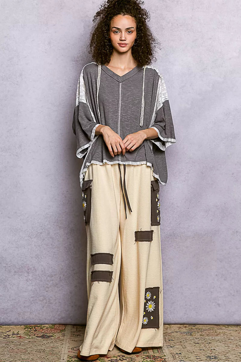 POL Grey Short Sleeve Hoodie Top with Lace Detail