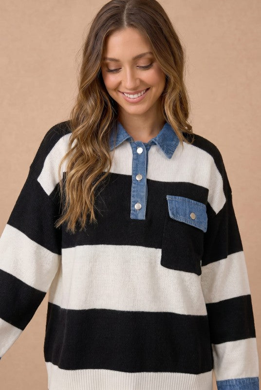 Haptics Blueberry Fields Striped Denim Collar Sweater in Brown & Slate Blue