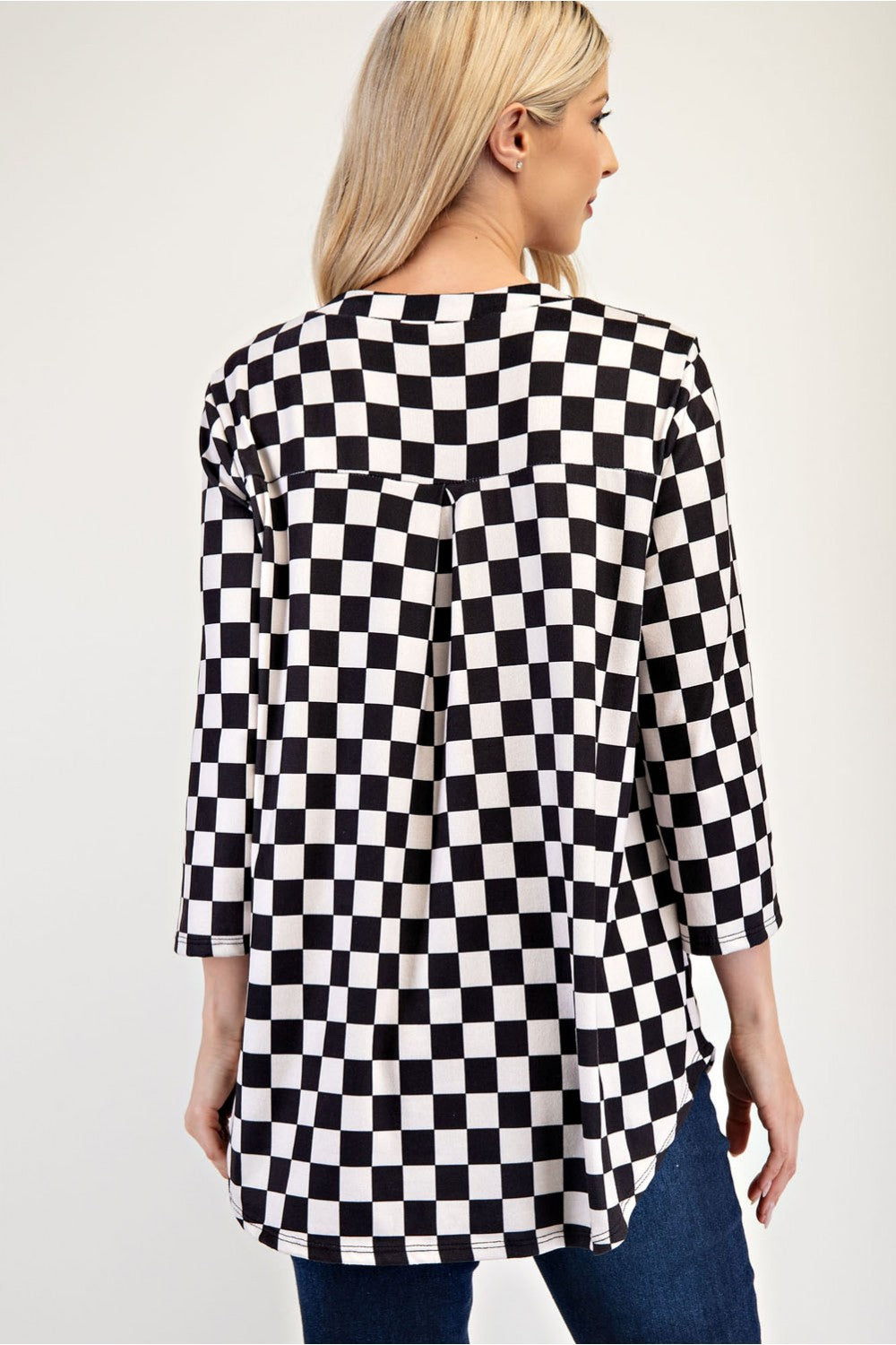 Celeste Curved Hem Checkered Notched Blouse Shirts & Tops