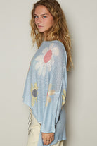 POL Baby Blue Flower Dropped Shoulder Long Sleeve Knit Top