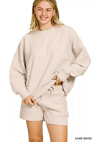 Zenana Ribbed Round Neck Pullover and Shorts Set SAND BEIGE