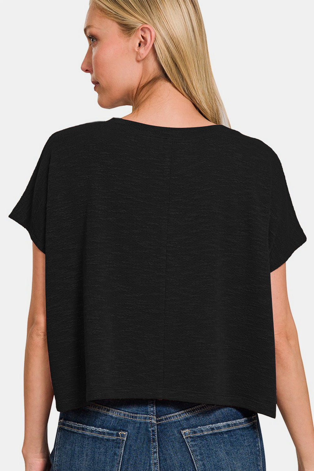 Zenana Black V-Neck Short Sleeve Crop T-Shirt Trendsi