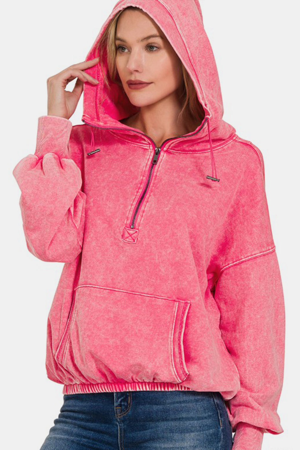 Zenana Washed Fuchsia Drawstring Half Zip Dropped Shoulder Hoodie Trendsi