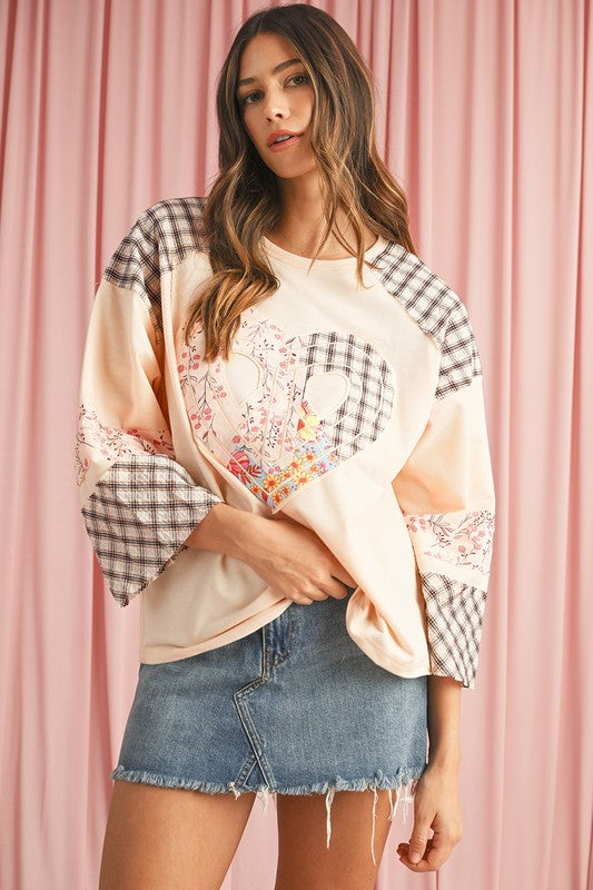 Beige Plaid Floral Patchwork Heart Long Sleeve Top