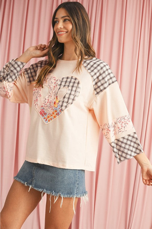 Beige Plaid Floral Patchwork Heart Long Sleeve Top