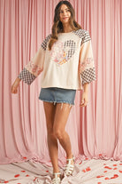 Beige Plaid Floral Patchwork Heart Long Sleeve Top