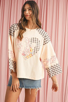 Beige Plaid Floral Patchwork Heart Long Sleeve Top