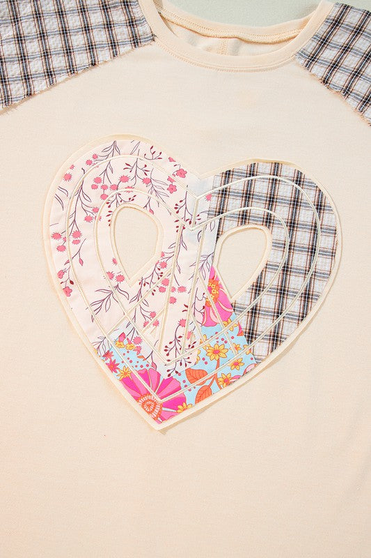 Beige Plaid Floral Patchwork Heart Long Sleeve Top