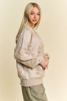 Davi & Dani Beige Flower Textured Round Neck Drop Shoulder Sweater