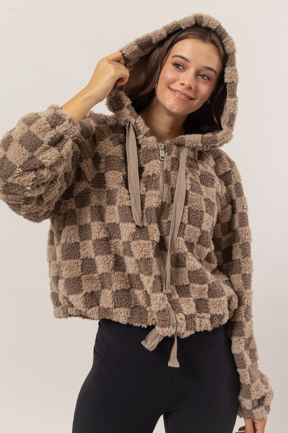 HYFVE Mocha Zip Up Sherpa Checkered Hooded Jacket Mocha Trendsi