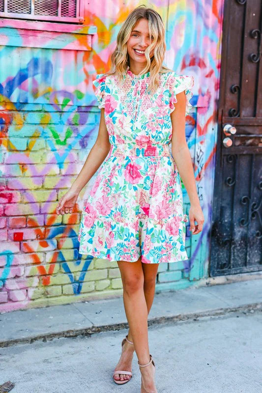 Haptics Under Your Spell Floral Smocked Flutter Sleeve Ruffle Mini Dress