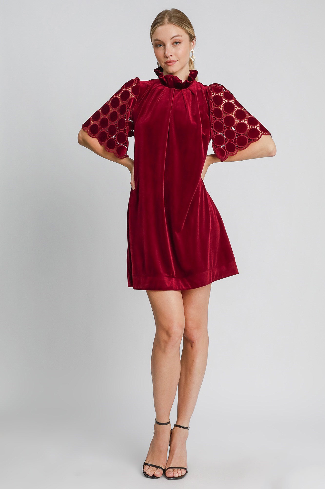 Umgee Burgundy Dotted Lace Half Sleeve Mock Neck Back Tie Velvet Dress Dresses