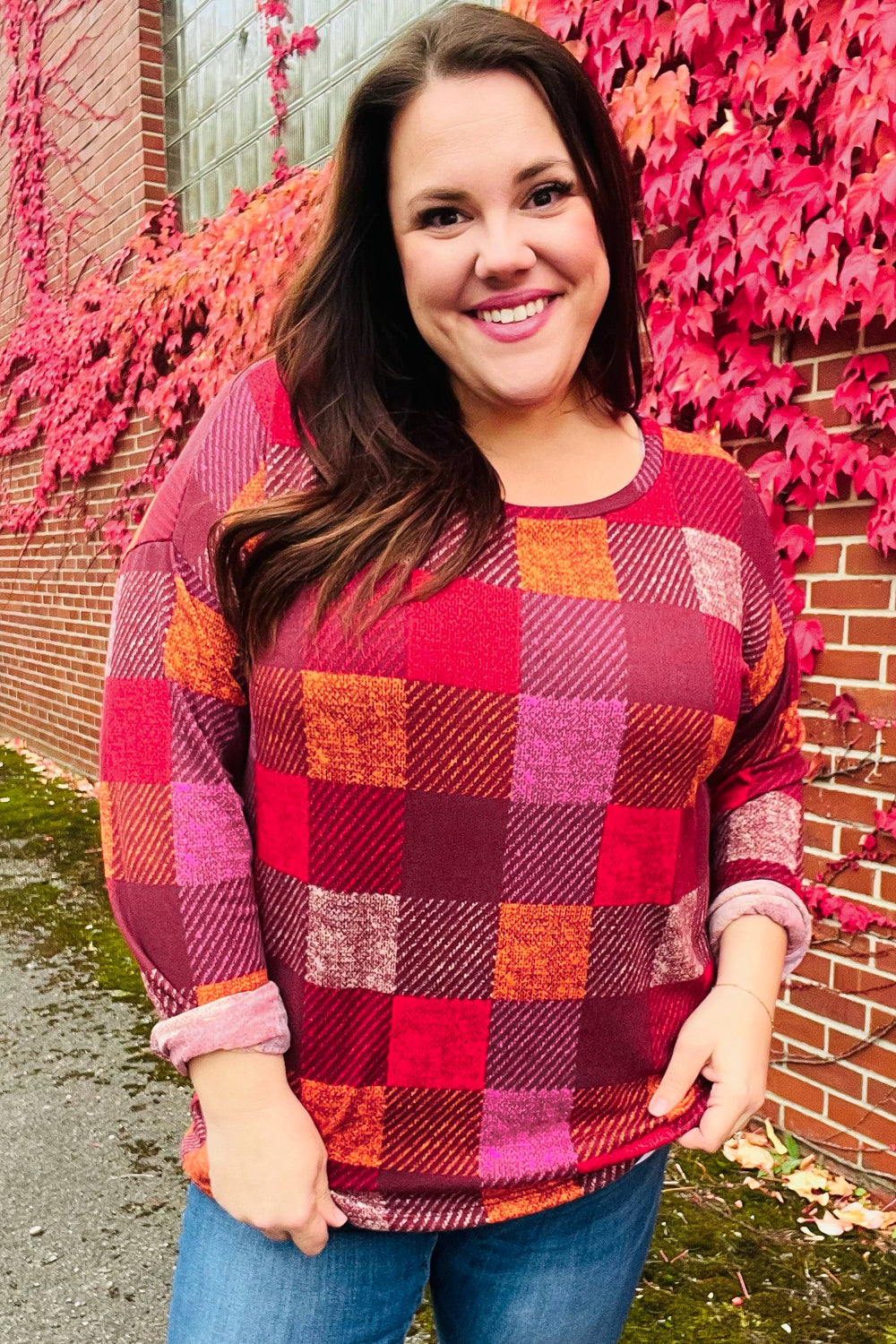 Haptics You Got This Burgundy Checker Plaid Print Hacci Knit Top Haptics