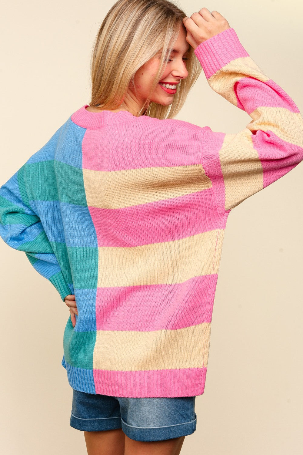 Haptics Blush & Blue Stripe Color Block Knit Sweater