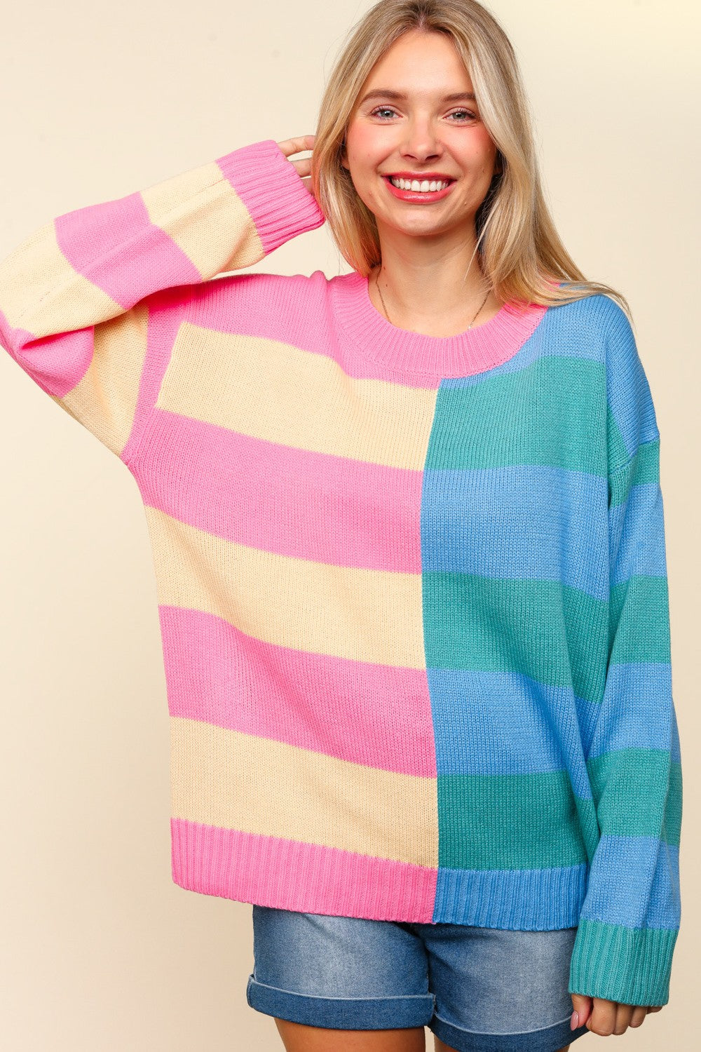 Haptics Blush & Blue Stripe Color Block Knit Sweater