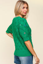 Haptics Embroidered Crochet Knitted Textured Short Sleeve Sweater