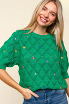 Haptics Embroidered Crochet Knitted Textured Short Sleeve Sweater