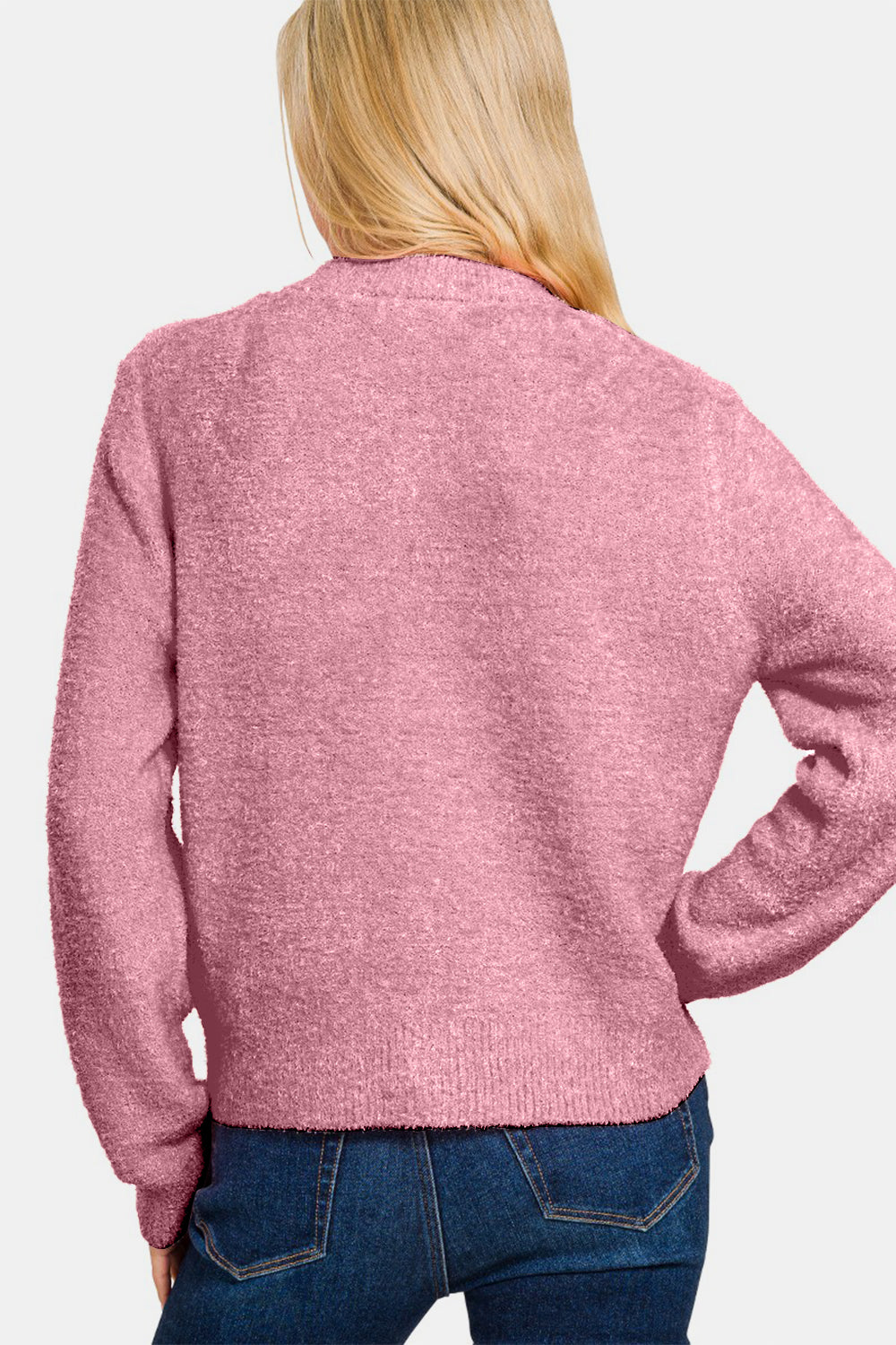 Zenana Light Rose Button Down Long Sleeve Sweater Cardigan Trendsi