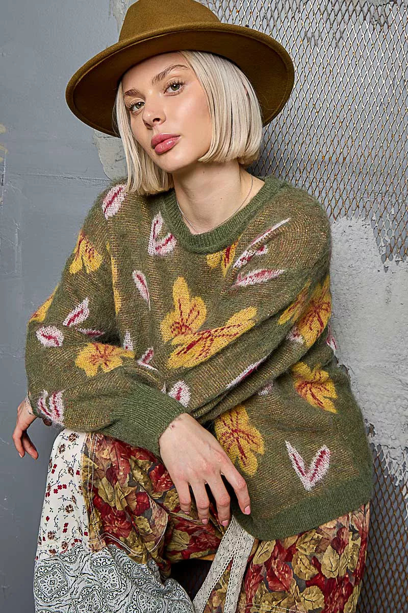 POL Olive Floral Pattern Round Neck Balloon Sleeve Sweater