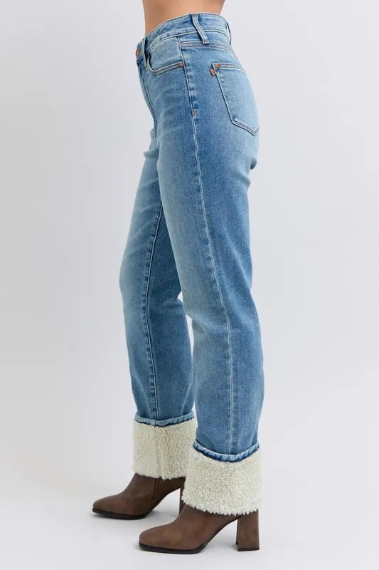 Judy Blue High Waisted Shearling Cuff Straight