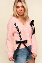 Kori America Find Love Pink Bow Detail Button Down Chunky Sweater Cardigan