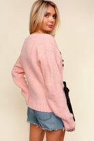 Kori America Find Love Pink Bow Detail Button Down Chunky Sweater Cardigan