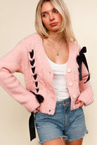 Kori America Find Love Pink Bow Detail Button Down Chunky Sweater Cardigan