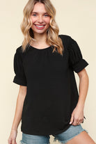 Haptics Solid Black Silk Shirred Cap Short Sleeve Blouse