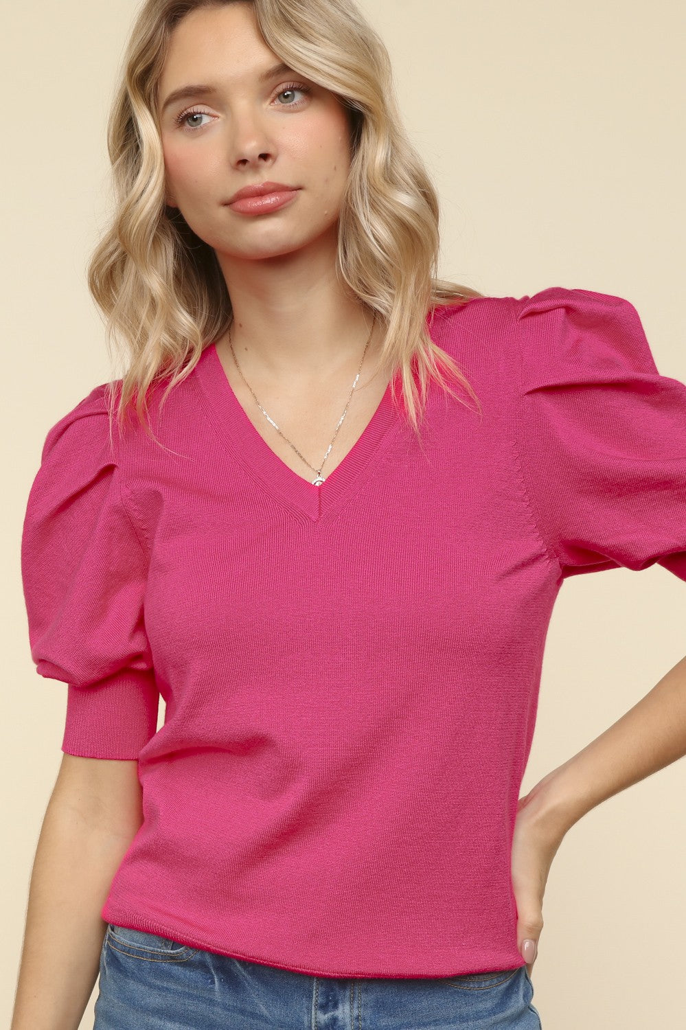 Haptics Solid Fuchsia Shirred Puff Sleeve Sweater Top