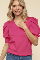 Haptics Solid Fuchsia Shirred Puff Sleeve Sweater Top