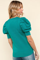 Haptics Solid Emerald Shirred Puff Sleeve Knitted Sweater Top