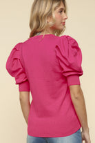 Haptics Solid Fuchsia Shirred Puff Sleeve Sweater Top