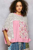 POL Candy Pink Floral Patchwork Lace Accent Blouse
