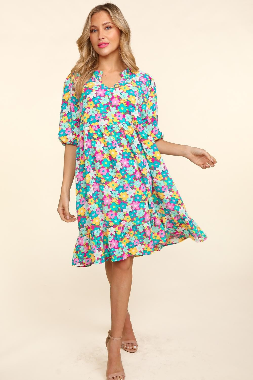 Haptics Mint Bubble Sleeve Floral Ruffled Dress Trendsi