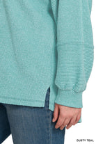 Zenana Black Ribbed Brushed Hacci Melange Henley Sweater