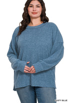Zenana Dusty Teal Brushed Ribbed Hacci Drop Shoulder Sweater