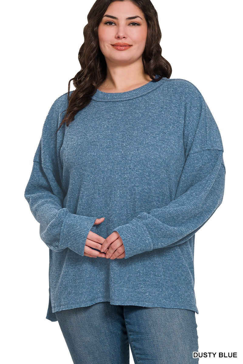 Zenana Dusty Teal Brushed Ribbed Hacci Drop Shoulder Sweater
