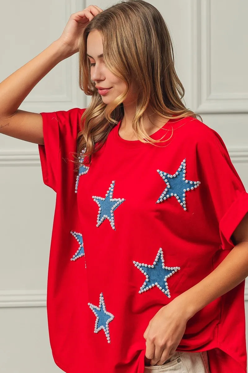 BiBi Red Beaded Stars Appliques Fourth Of July Terry T-Shirt