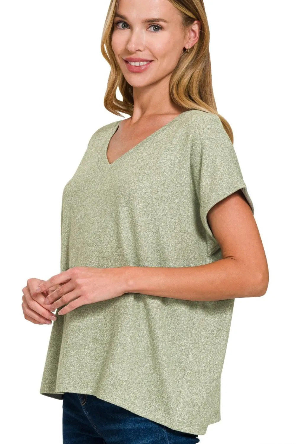 Zenana Light Olive Soft Melange Hacci V-neck Tee
