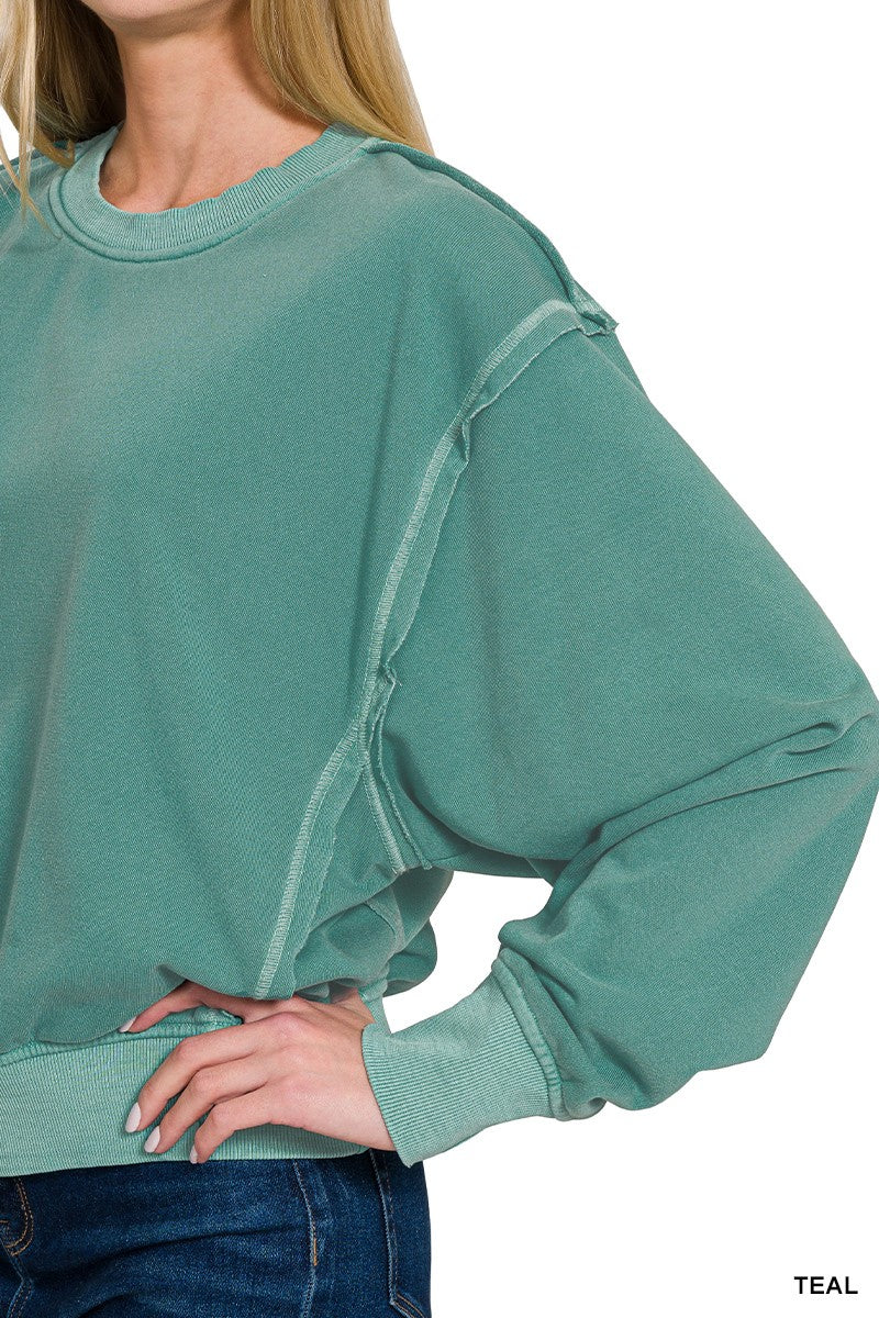 Zenana Hot Pink Soft Fleece Pigment Dye Round Neck Pullover
