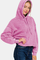 Zenana Mauve Acid Wash Fleece Cropped Hoodie Shirts & Tops