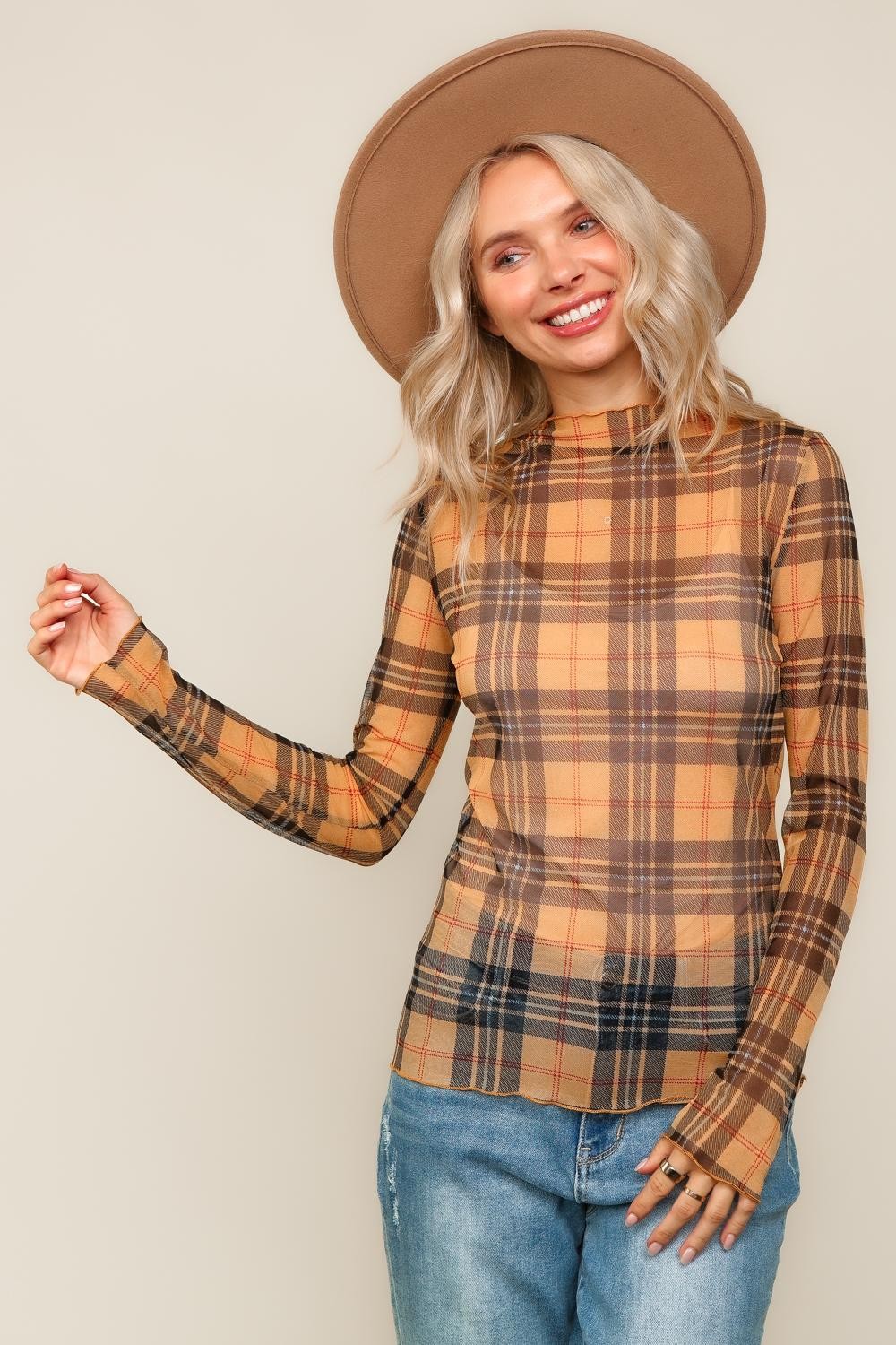 Haptics Butterscotch High Neck Plaid Mesh Semi-Sheer Top