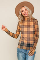 Haptics Butterscotch High Neck Plaid Mesh Semi-Sheer Top