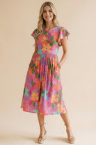 Haptics Tropical Blooms Flutter Sleeve Midi Dress