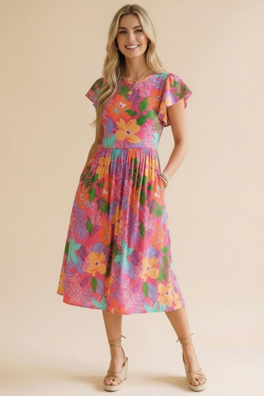 Haptics Tropical Blooms Flutter Sleeve Midi Dress